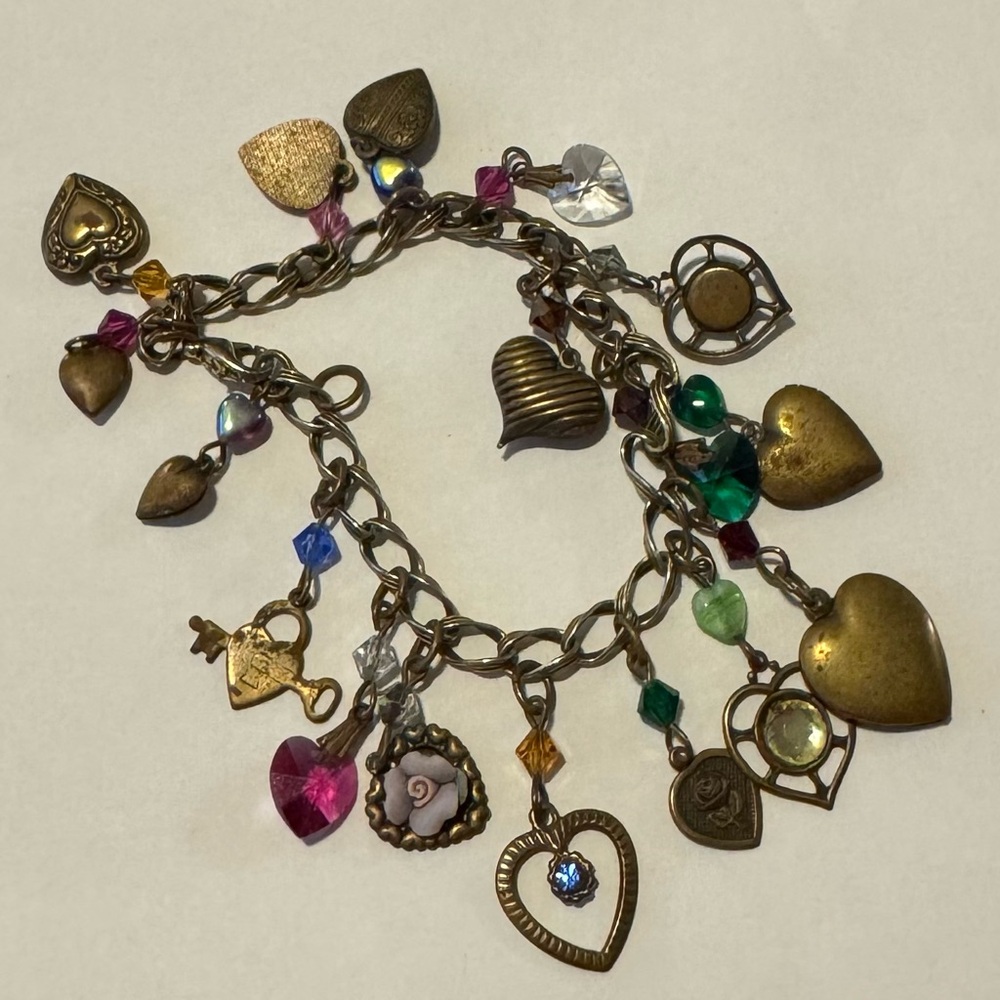 Vintage Charm Bracelet – 8” Bronze Chain with Hearts, Teapot & Rose